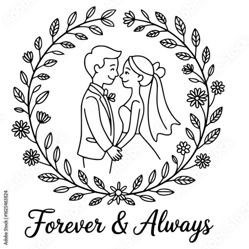 Eternal Vows: A romantic illustration of a couple, embraced by a wreath of delicate leaves and blooms, expressing a message of enduring love. 