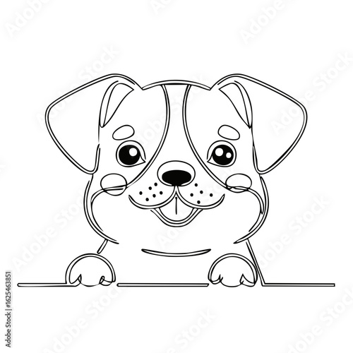 Adorable smiling puppy peeking out. Black and white contour line drawing for a coloring book.