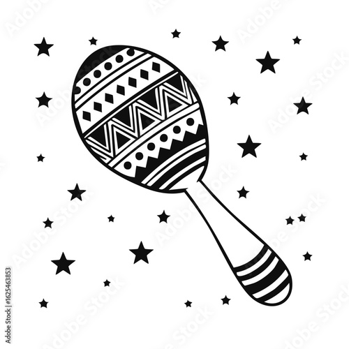 Black and white graphic illustration of a decorated maraca surrounded by stars