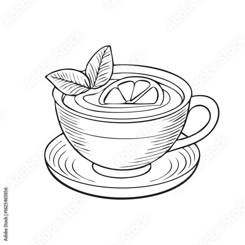 Line art illustration of a cozy teacup with a lemon slice and fresh mint leaves on a saucer
