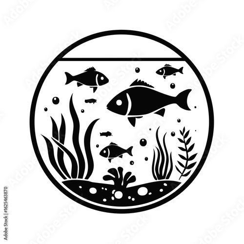 A simple black and white silhouette icon of fish swimming in a round fishbowl aquarium