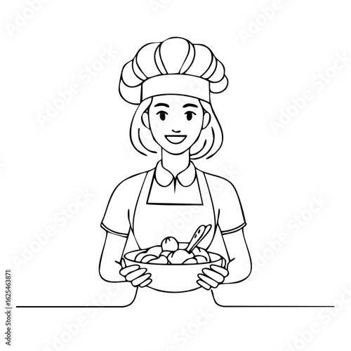 Smiling female chef in a uniform holding a bowl of food line art illustration
