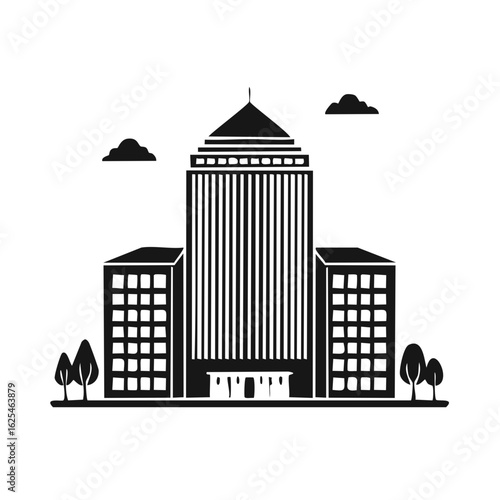 Corporate office building silhouette icon. Modern skyscraper architecture for business and finance.