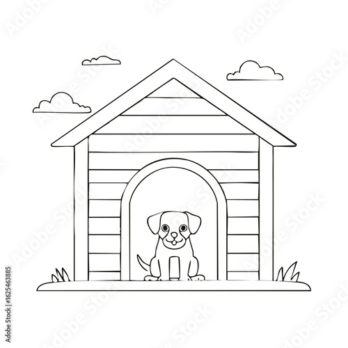 Cute puppy sitting in a wooden doghouse coloring page illustration