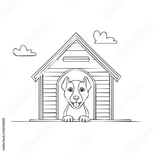 Happy cartoon dog peeking out of its wooden doghouse with clouds in the sky