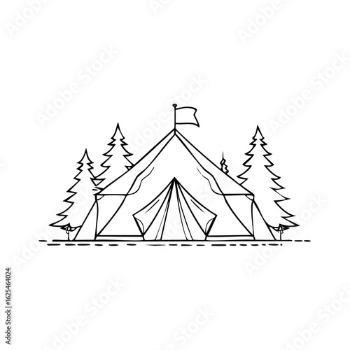 Hand drawn outline of a canvas tent with a flag on top, surrounded by pine trees