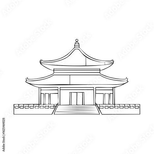 Minimalist line art of a historic Asian temple with a tiered, curved roof