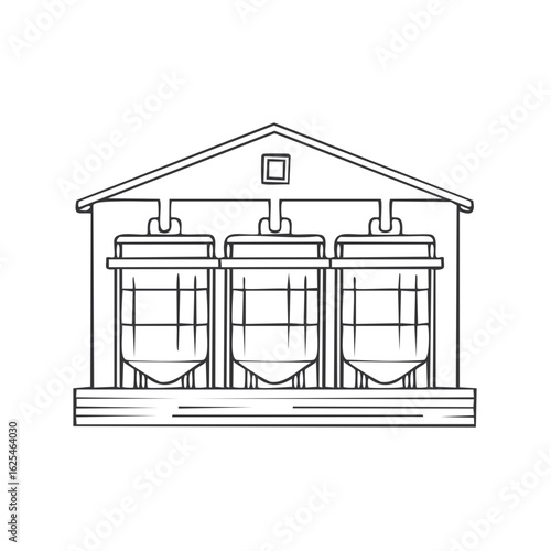 Three Industrial Storage Tanks Under a Simple Agricultural Building Outline