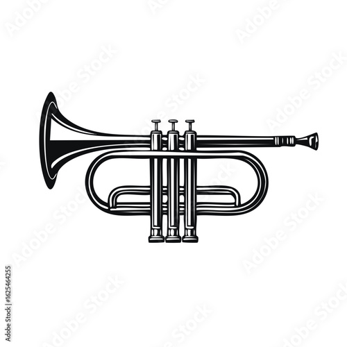 Classic trumpet musical instrument side view black and white vector illustration