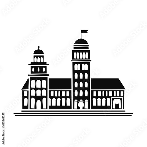 Iconic silhouette of a grand institutional building with a central tower and flag