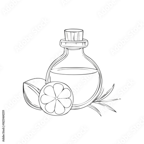 Essential Oil Bottle with Lemon Slices and Rosemary Sprig, Line Art Illustration, Alternative Medicine and Aromatherapy