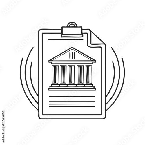 Courthouse Icon on Document Clipboard Outlined Depicting Governmental or Legal Information