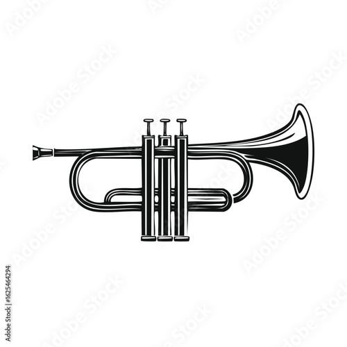 Trumpet Horn Black and White Instrument Illustration. Musical Symbol for Jazz or Classical Performance