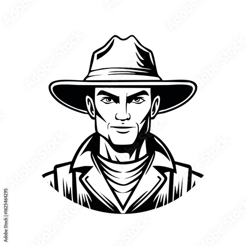 Handsome rugged cowboy character in a wide brim hat looking forward bold vector art