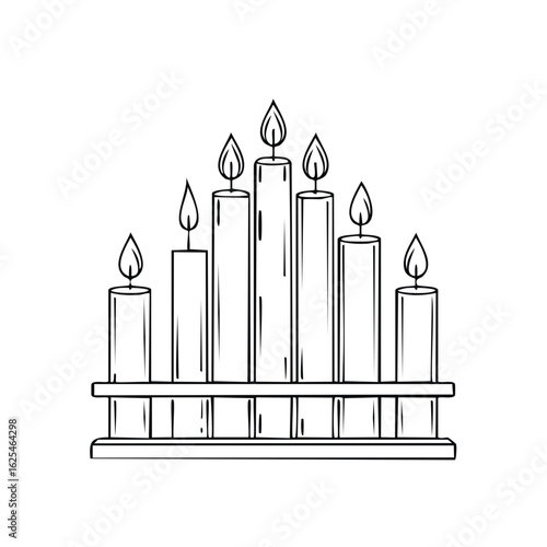 Line art illustration of seven burning candles in a candelabra for holiday celebration