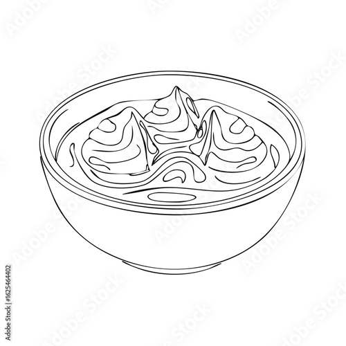 Line art illustration of a bowl of creamy guacamole or dip. Minimalist black and white hand drawn food sketch.