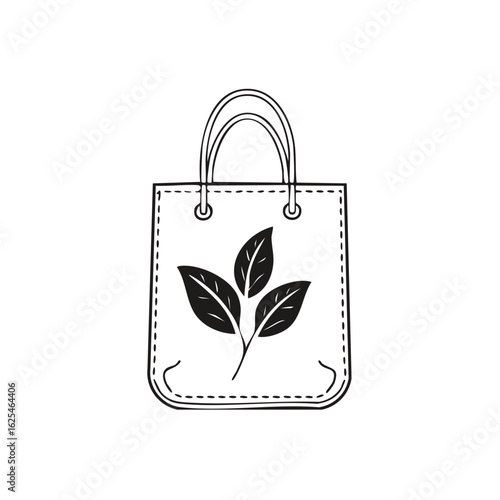 Sustainable natural fabric shopping bag with green leaves hand drawn illustration