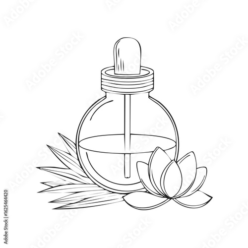 Essential oil bottle with dropper and lotus flower and leaves for aromatherapy and beauty
