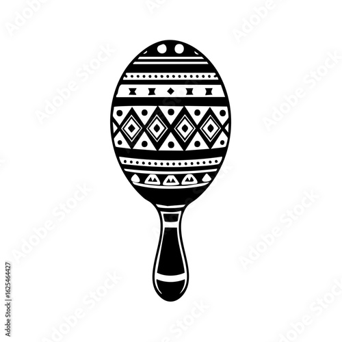 Black and white maraca musical instrument with abstract decorative ethnic geometric pattern graphic illustration