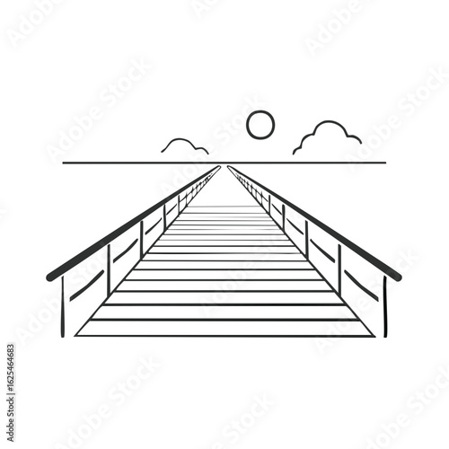 Minimalist black and white line art illustration of a wooden pier stretching towards the horizon