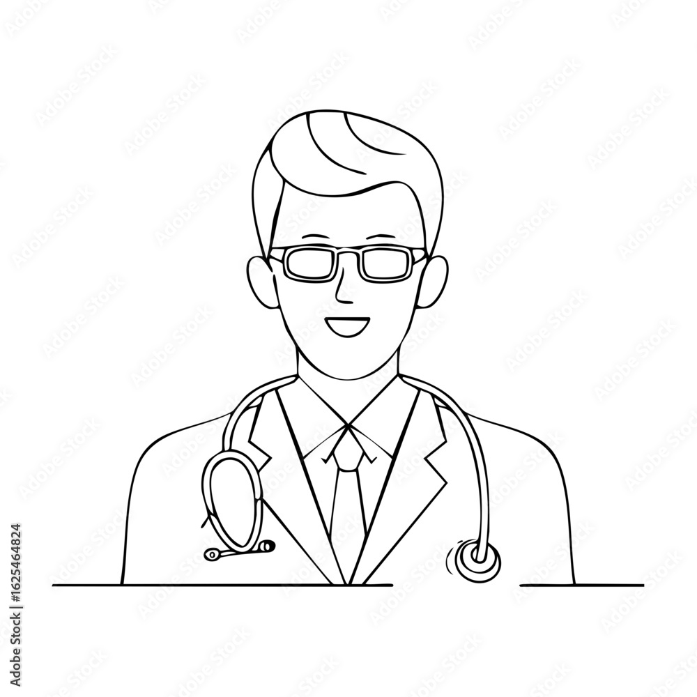 Fototapeta premium Line art portrait of a smiling male doctor in a lab coat with a stethoscope