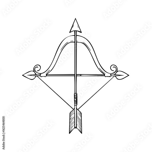 Hand-drawn bow and arrow symbol with ornamental flourishes and feathered fletching