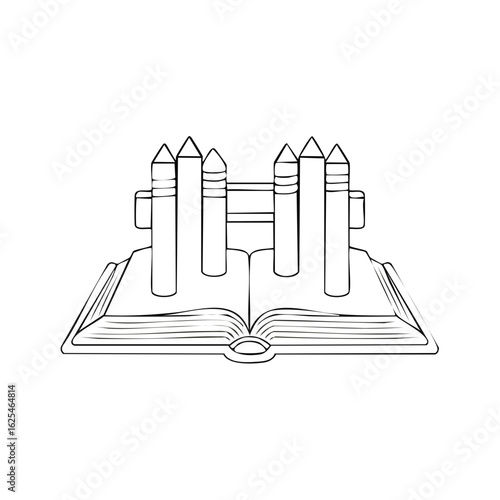 Open book with picket fence line art illustration symbolizing knowledge education and protected learning