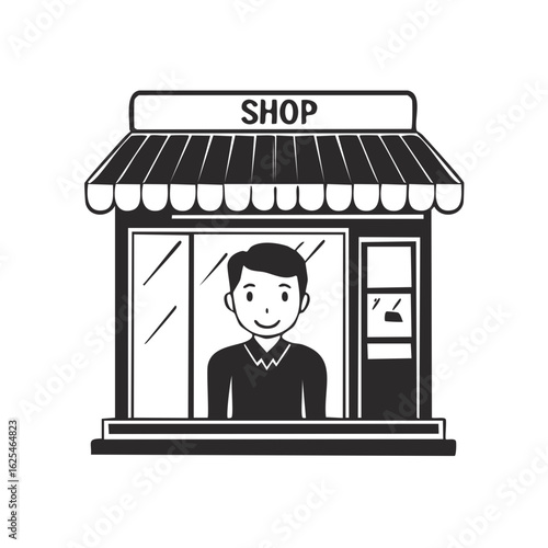 Smiling shopkeeper stands inside small business storefront with shop sign