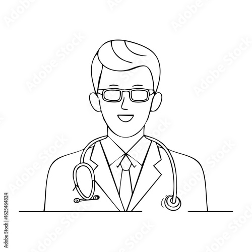 Line art portrait of a smiling male doctor in a lab coat with a stethoscope