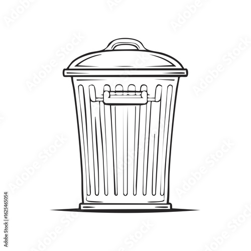 Front view of a black and white drawing of a metal trash can with a lid and handles
