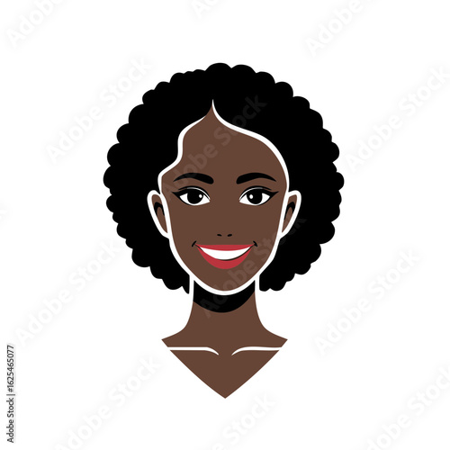 Smiling African American woman with dark curly hair portrait flat vector illustration