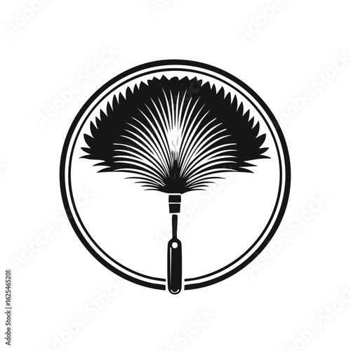 Monochrome Feather Duster Circle Design - Black and White Cleaning Tool Icon Isolated