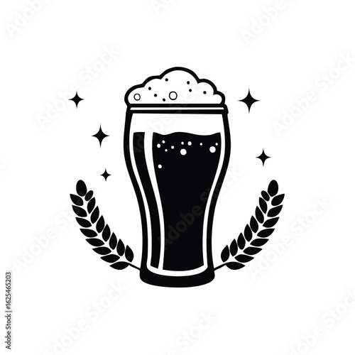 Sparkling craft beer glass with foam and wheat stalks vector emblem illustration