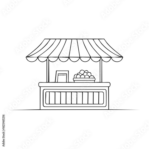 Simple black and white drawing of a farmer's market stand with a striped awning and a bowl of fruit