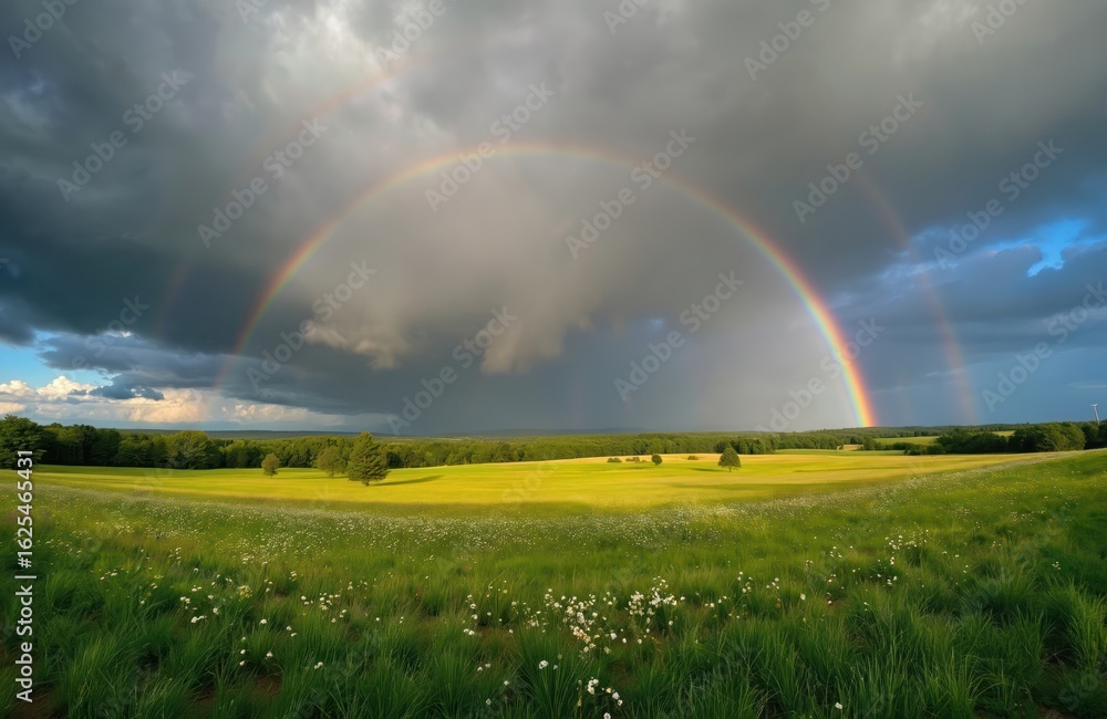 Fototapeta premium Vibrant double rainbow arcs over a green meadow after a storm. Dark clouds contrast with sunlit fields and blue sky patches. Rural landscape displays nature beauty with light and shadow play.