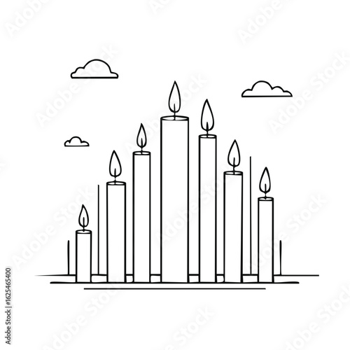 Elegant line art illustration of multiple lit candles with abstract clouds