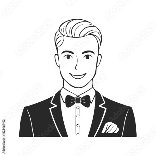 Elegant young man in a black tuxedo and bow tie smiling character illustration