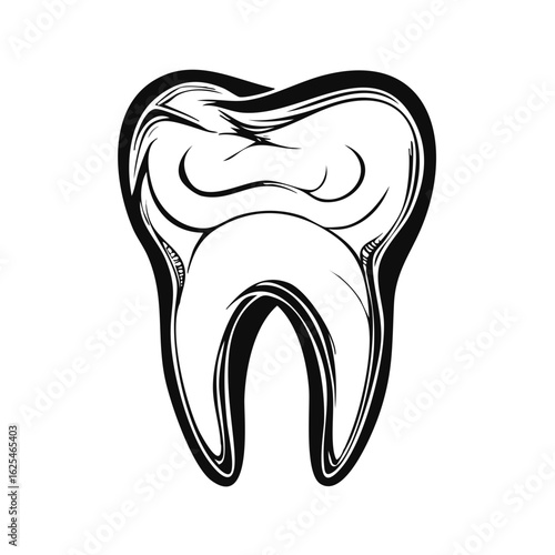 Stylized black and white drawing of a healthy molar tooth with bold outlines