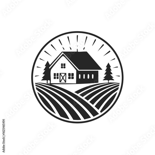 Farmhouse with Rolling Fields and Trees Emblem