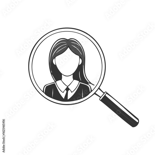 Magnifying glass over female business profile icon, symbolizing human resources search