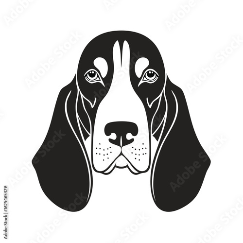 Basset Hound dog face silhouette, droopy ears and mournful eyes, iconic breed portrait