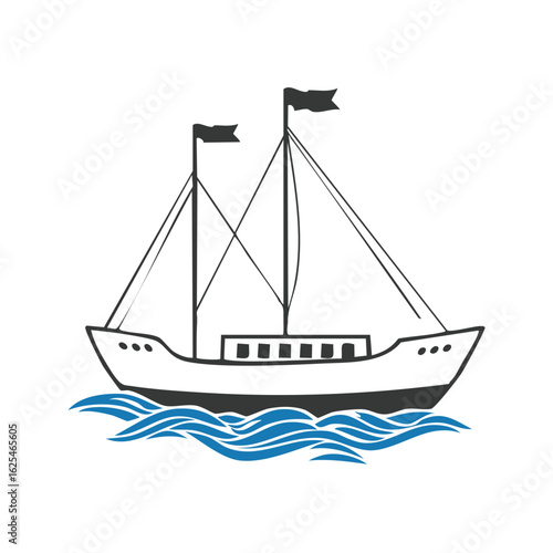 Classic two-masted ship sailing on blue ocean waves. Nautical vessel vector illustration icon.