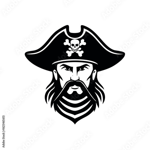 Pirate Captain Character Black and White Vector Illustration, Buccaneer Portrait with Hat and Skull