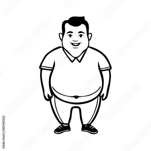 Happy smiling chubby man cartoon illustration standing in black and white
