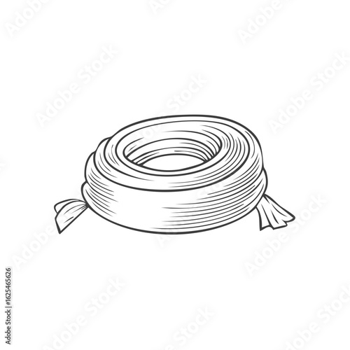 Rolled bandana with knotted ends, black and white illustration, line art detail