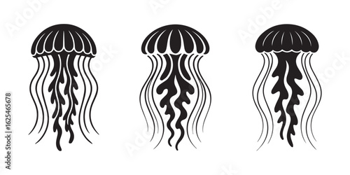 Set of jellyfish silhouette vector icons on transparent background, marine life illustration for ocean themes