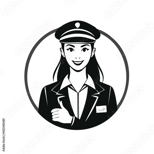 Smiling Woman in Uniform Gives a Thumbs Up, Featuring a Circular Frame around Her Portrait