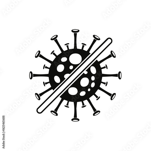 Black and White Virus Icon with Prohibitory Bar Symbolizing Disease Control and Prevention