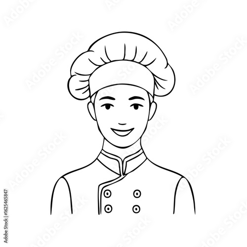 Contour drawing portrait of smiling chef wearing a toque and uniform