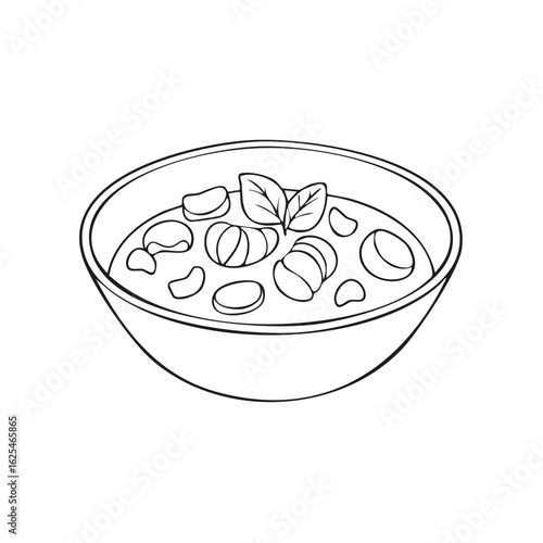 Tortellini and bean soup with basil garnish line art vector illustration